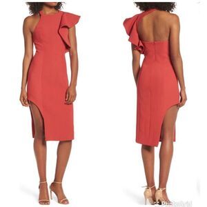 C\MEO Collective Red One Shoulder Fitted Midi Dress Thigh Slit Cocktail XS New